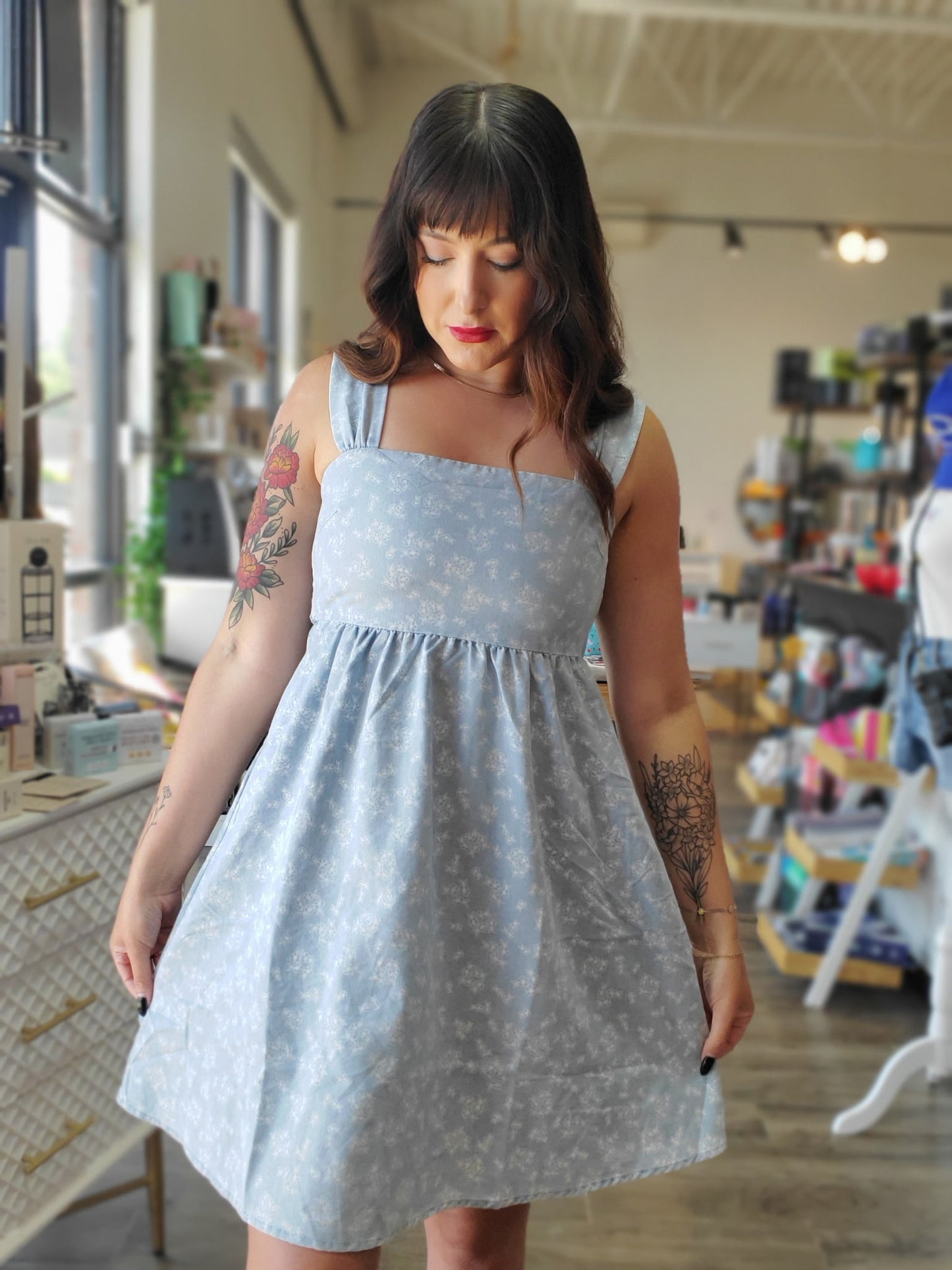 Floral Chambray Denim Mini Dress