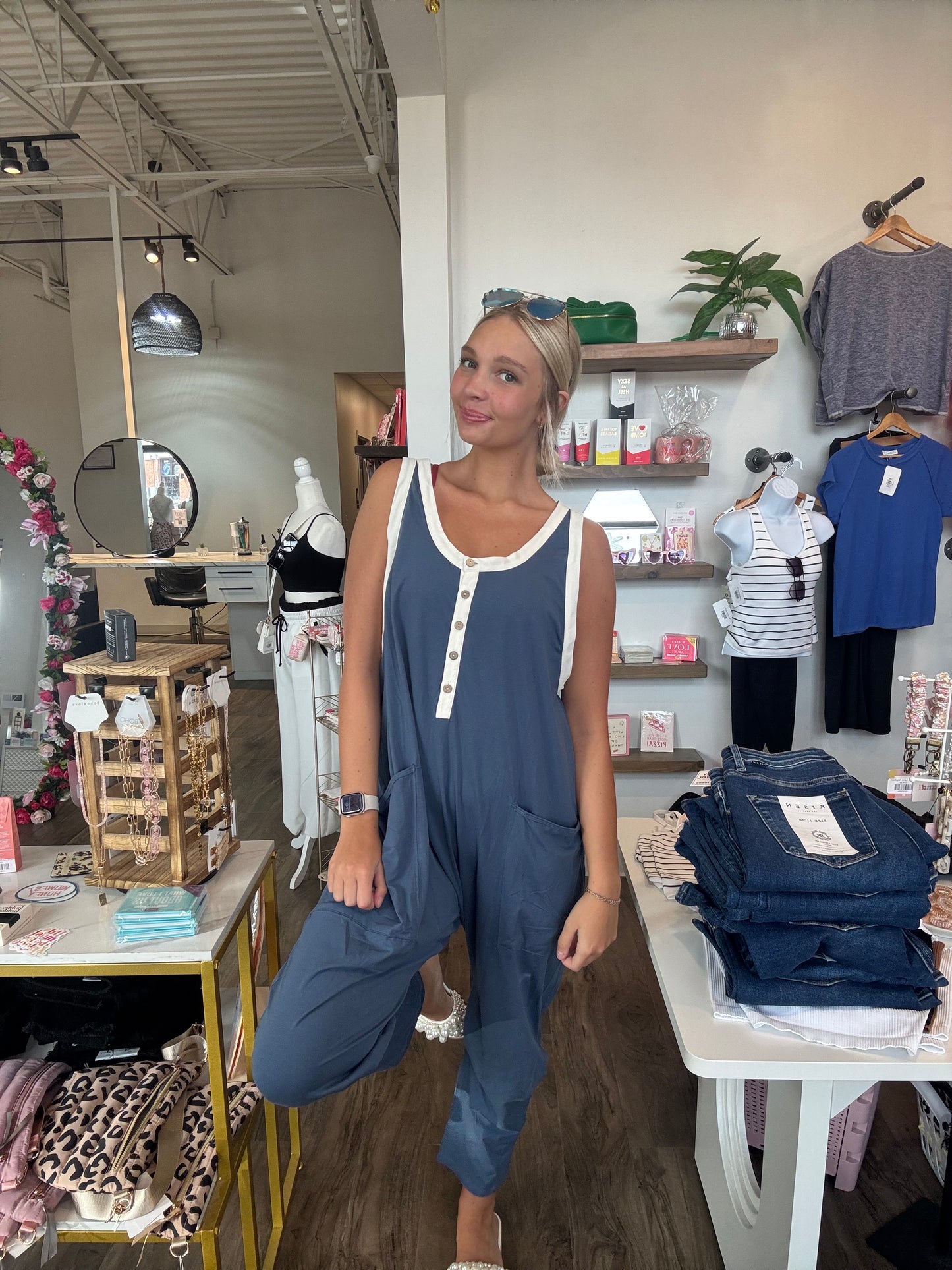 Contrast Button-Up Cami Jumpsuit
