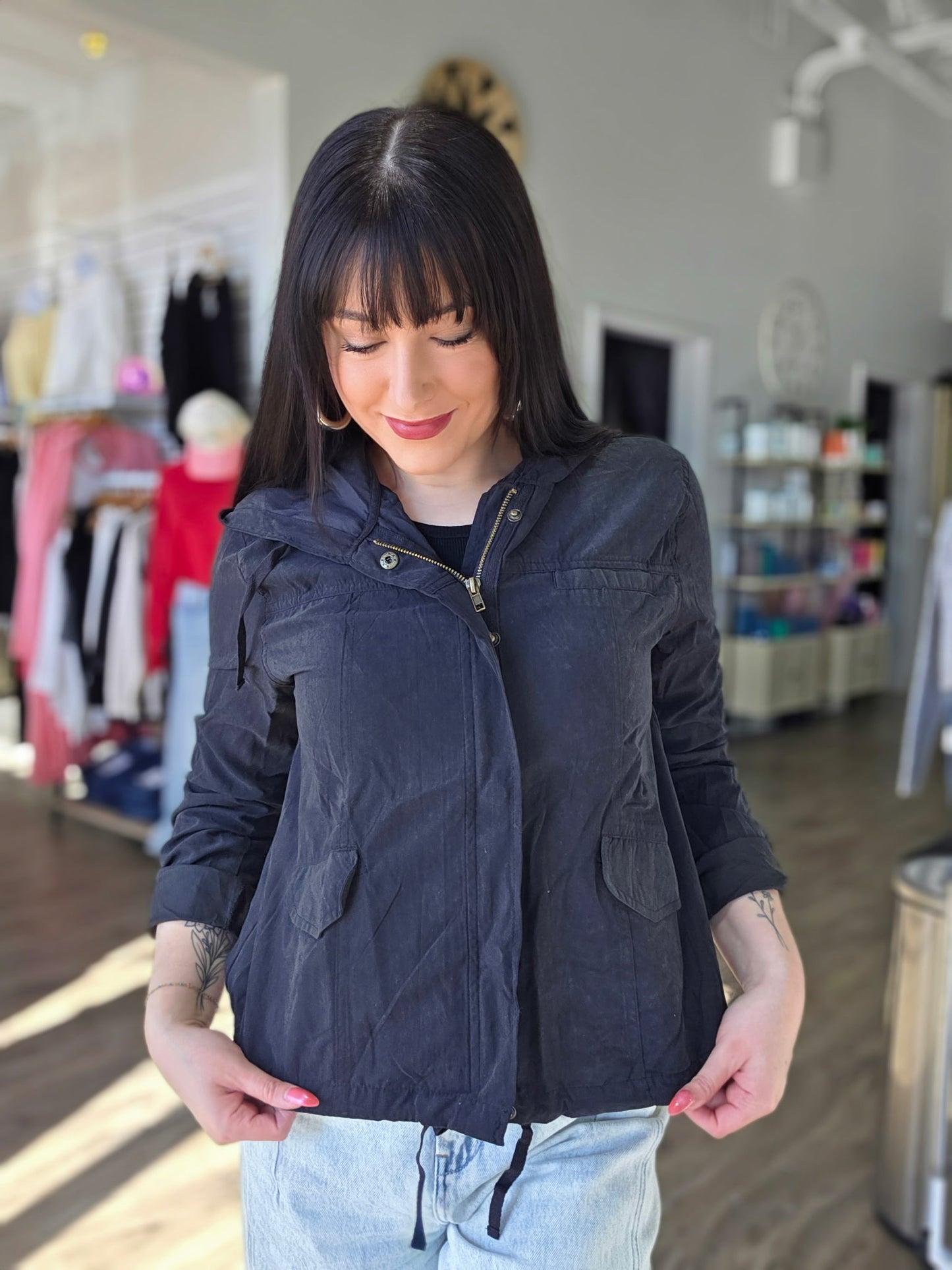 Snap Button Zip Up Hooded Jacket