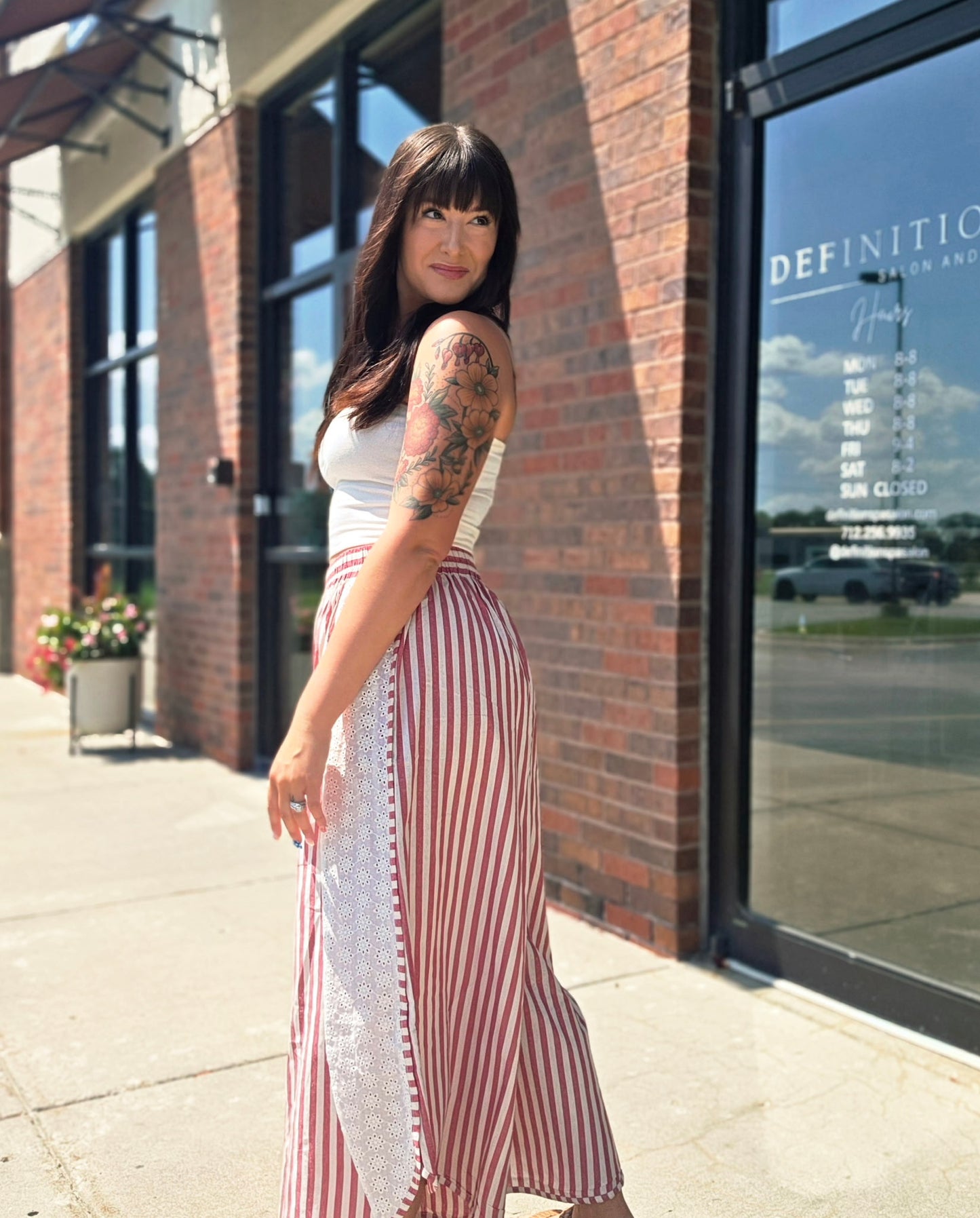 Wide Leg Striped Pants w/Side Floral Panel