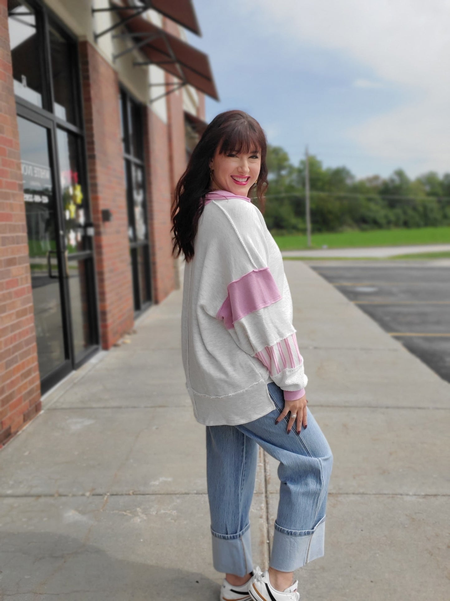 French Terry Knit Top Ash Grey/Pink