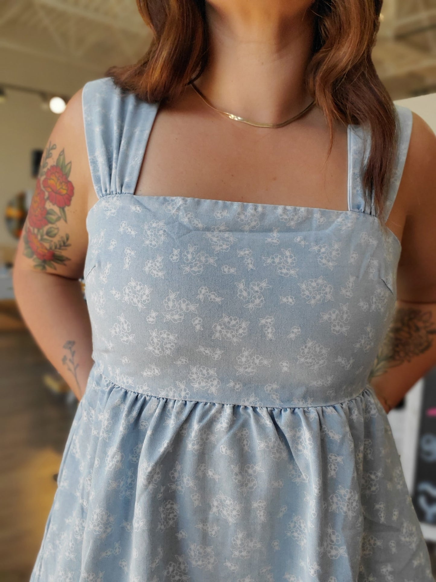 Floral Chambray Denim Mini Dress