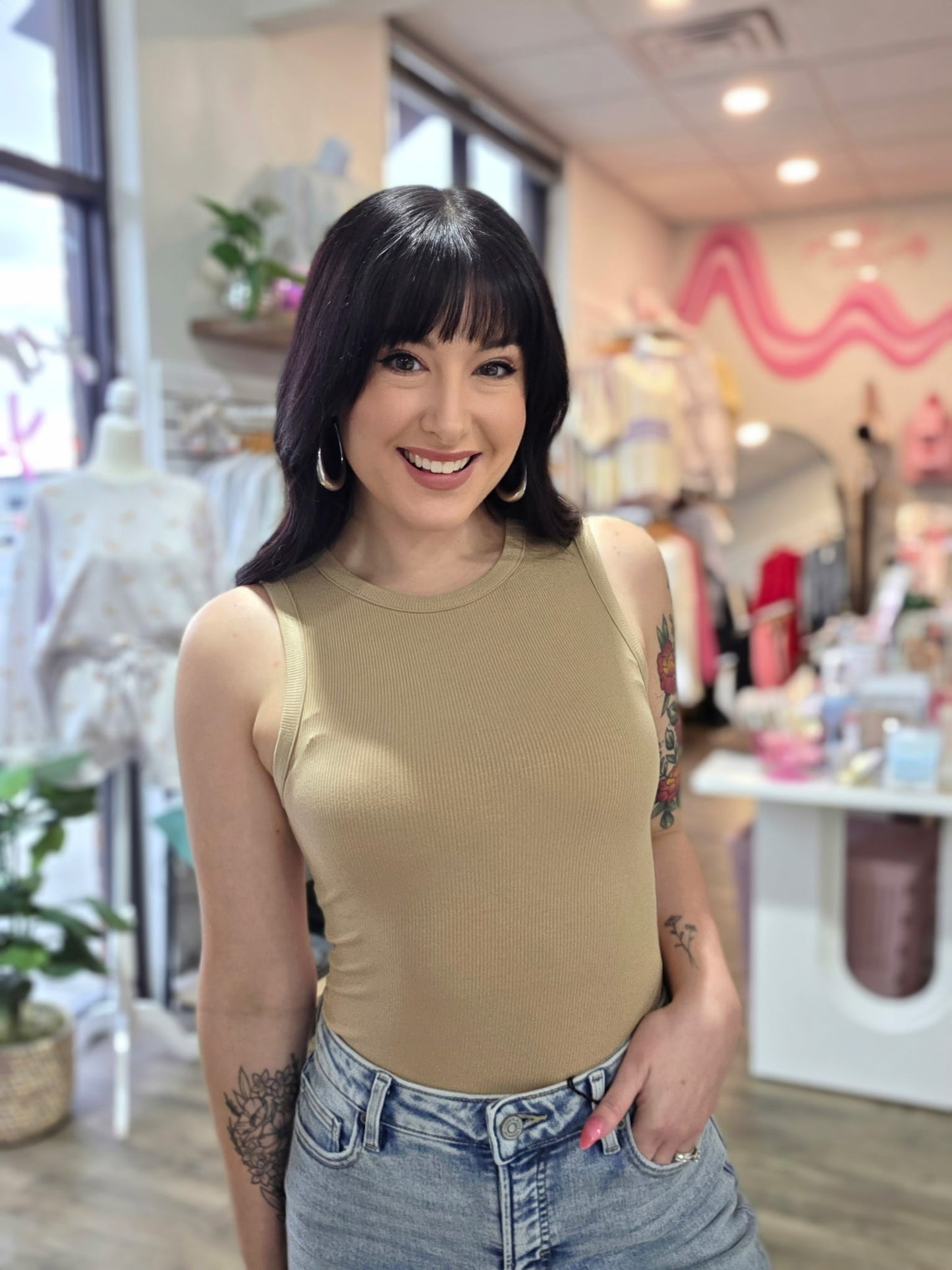 Round Neck Sleeveless Bodysuit Taupe