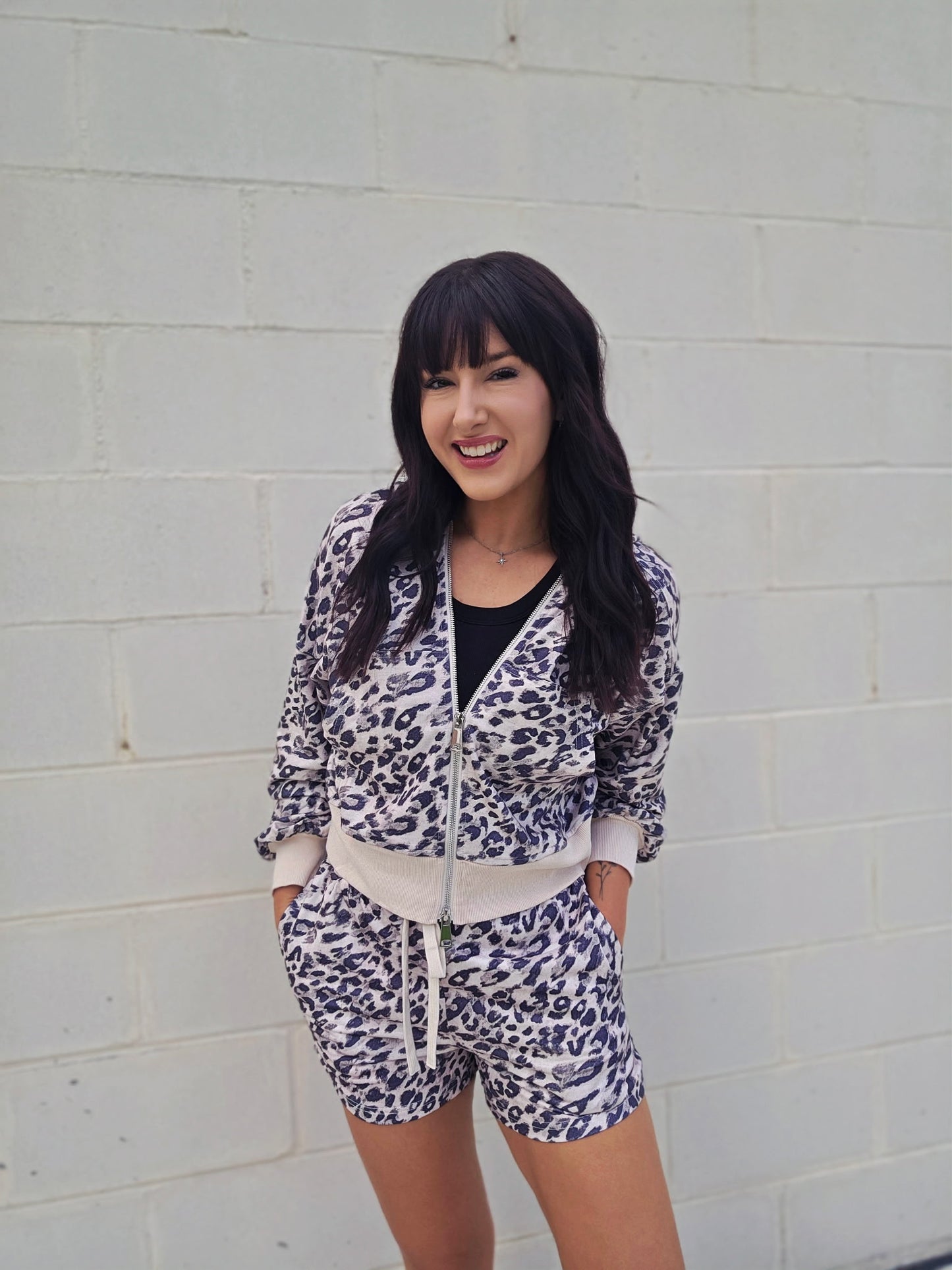 Leopard Zip-Up Hooded Shorts Set