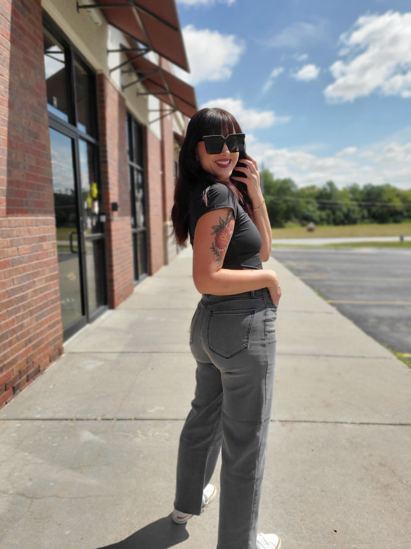 Grey Stretch Cropped Classic Straight
