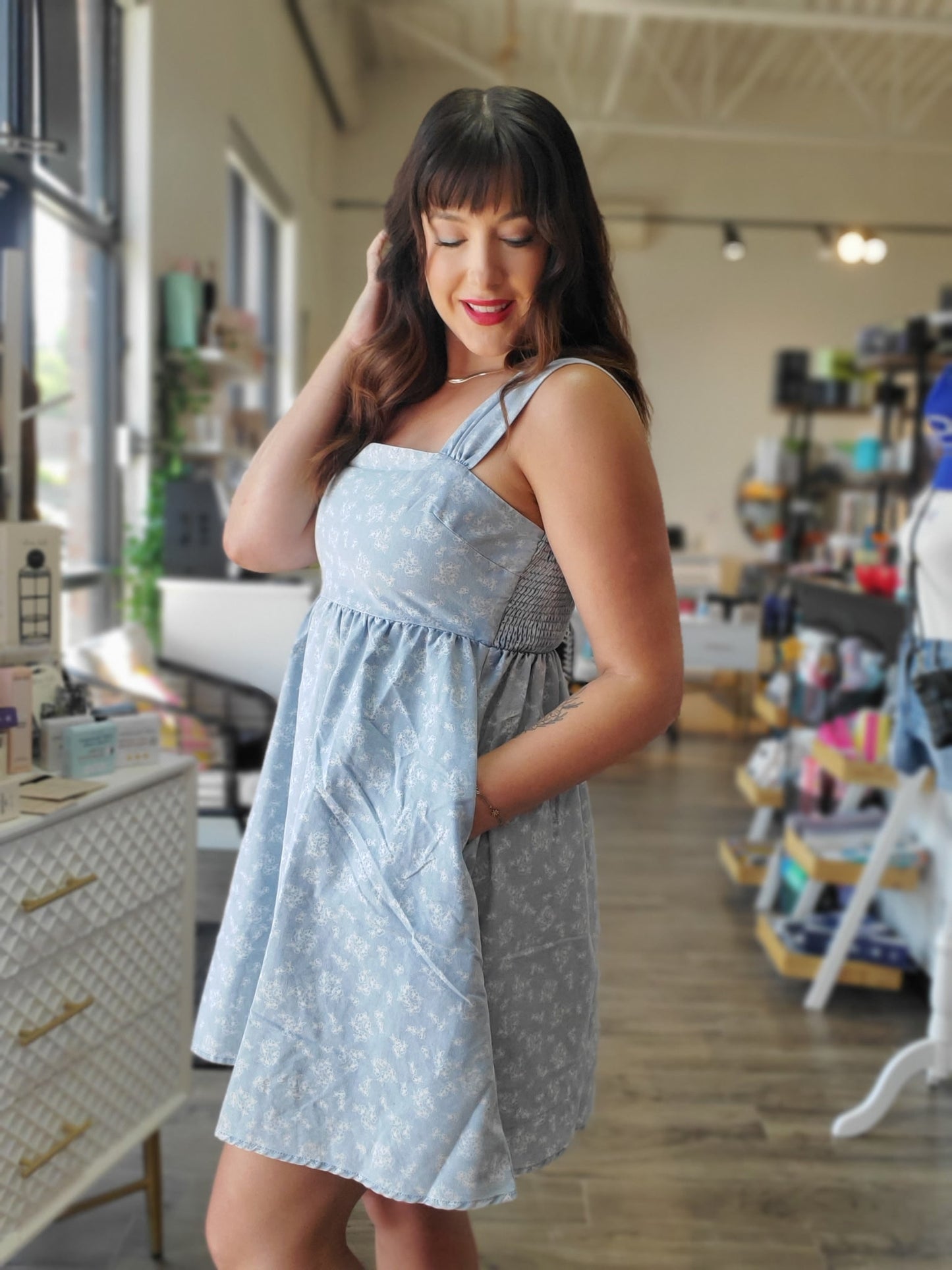 Floral Chambray Denim Mini Dress