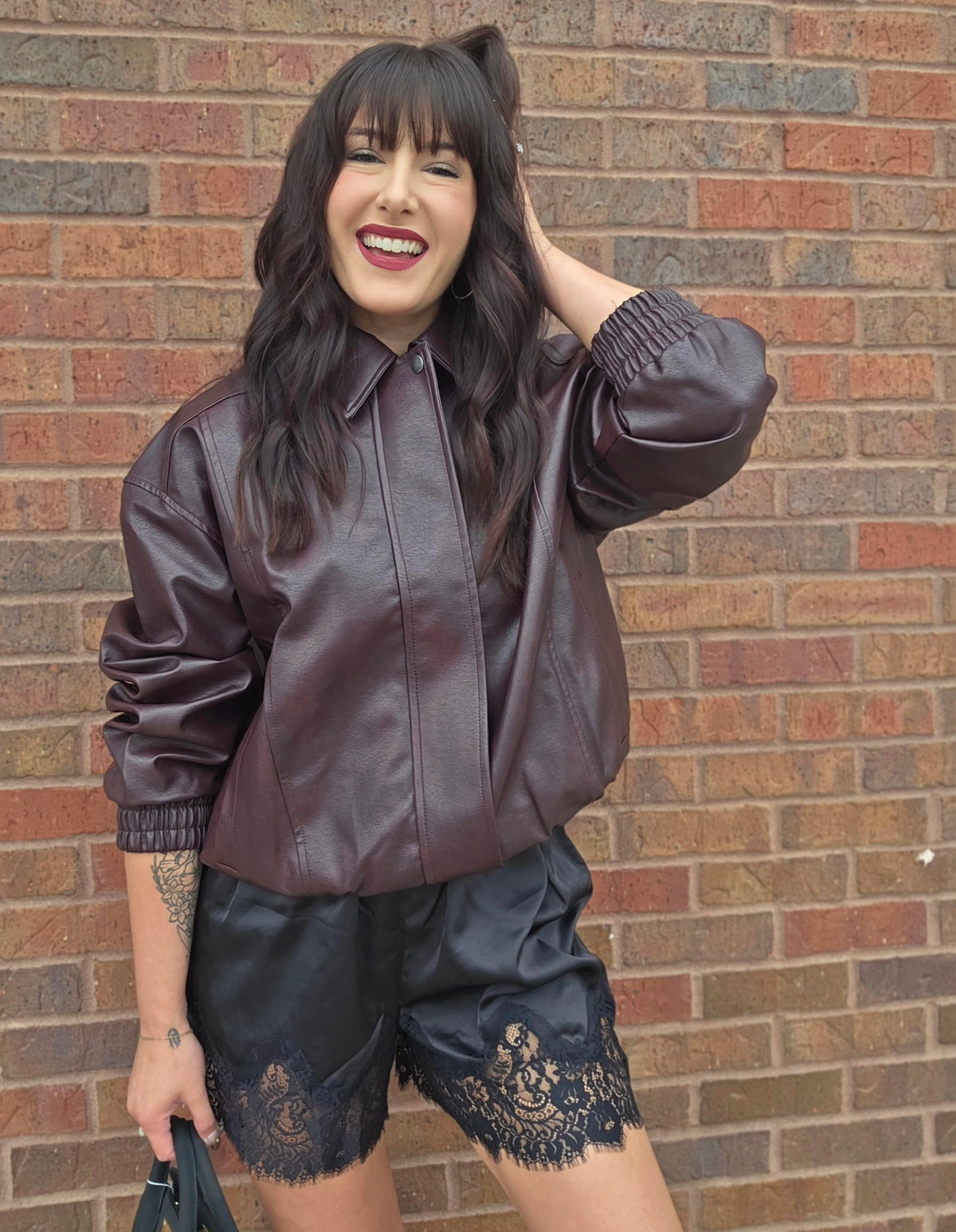 FAUX LEATHER COLLARED ZIP-UP BOMBER JACKET