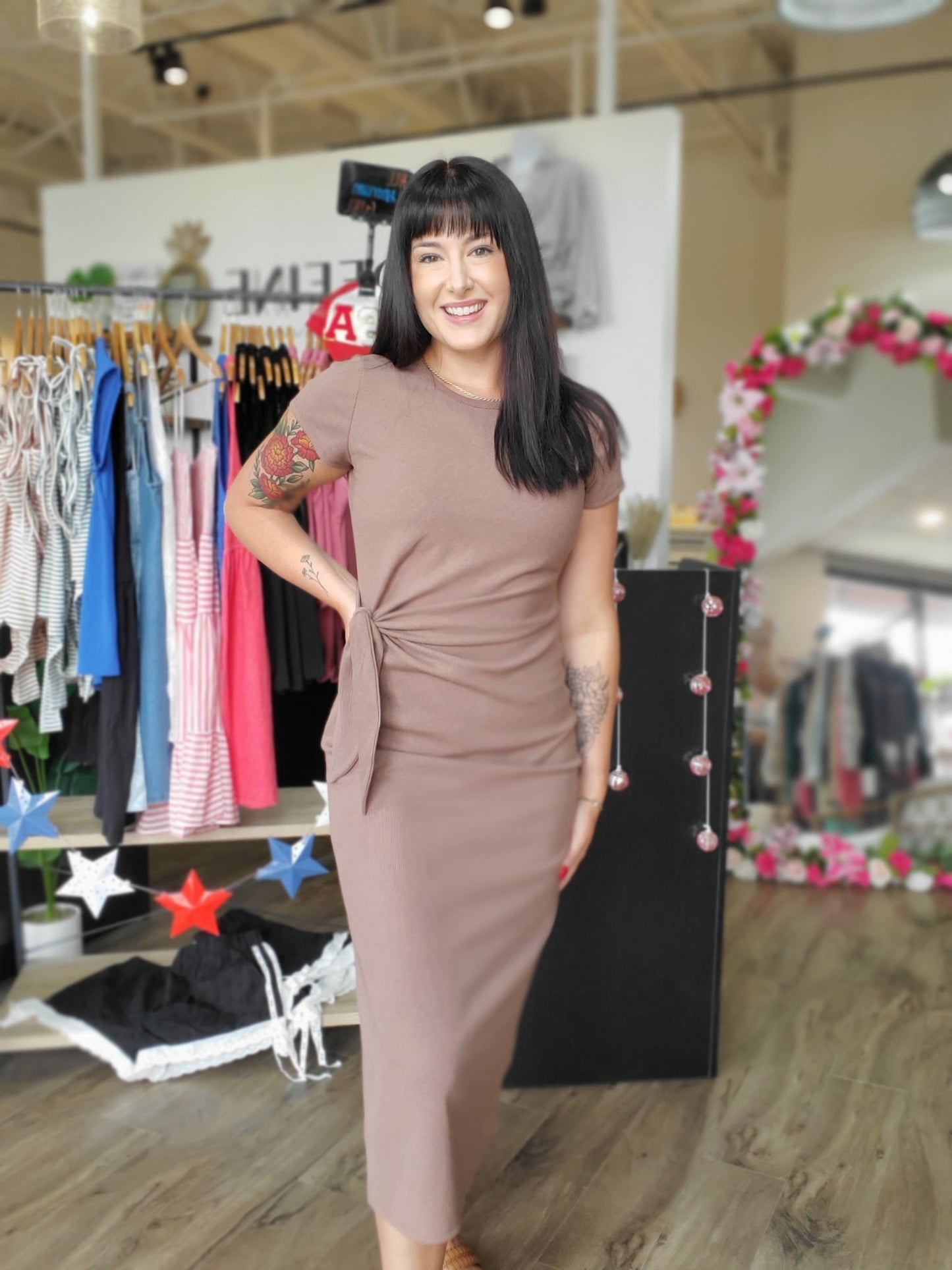 Short Sleeve Waist Tie Maxi Dress