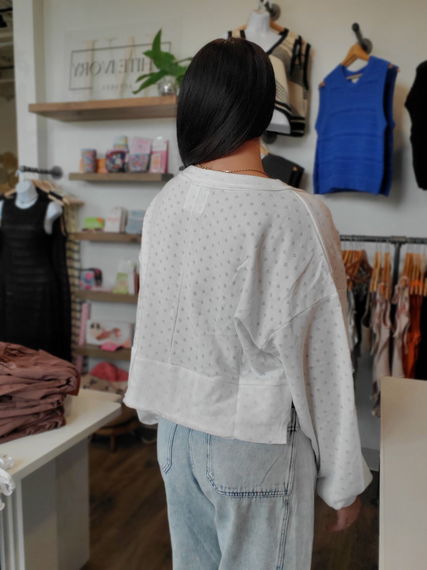 Pointelle Placket V-Neckline Top