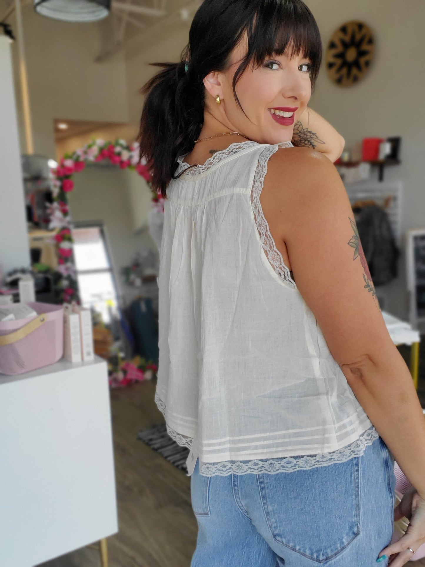 Bow Tie Front Lace Trimmed Tank