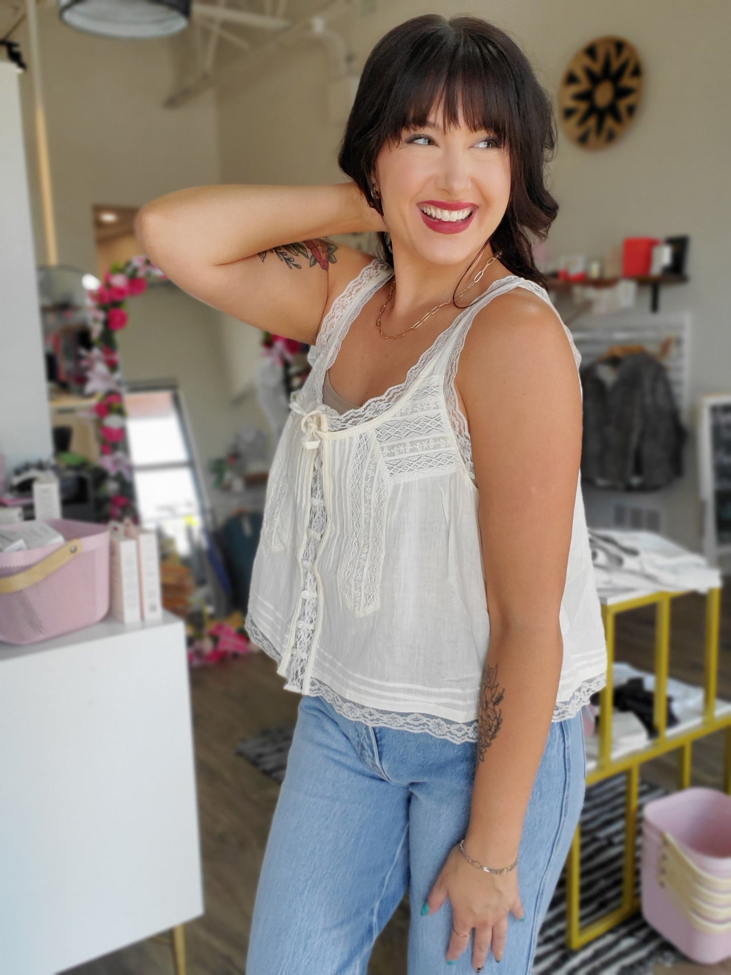 Bow Tie Front Lace Trimmed Tank