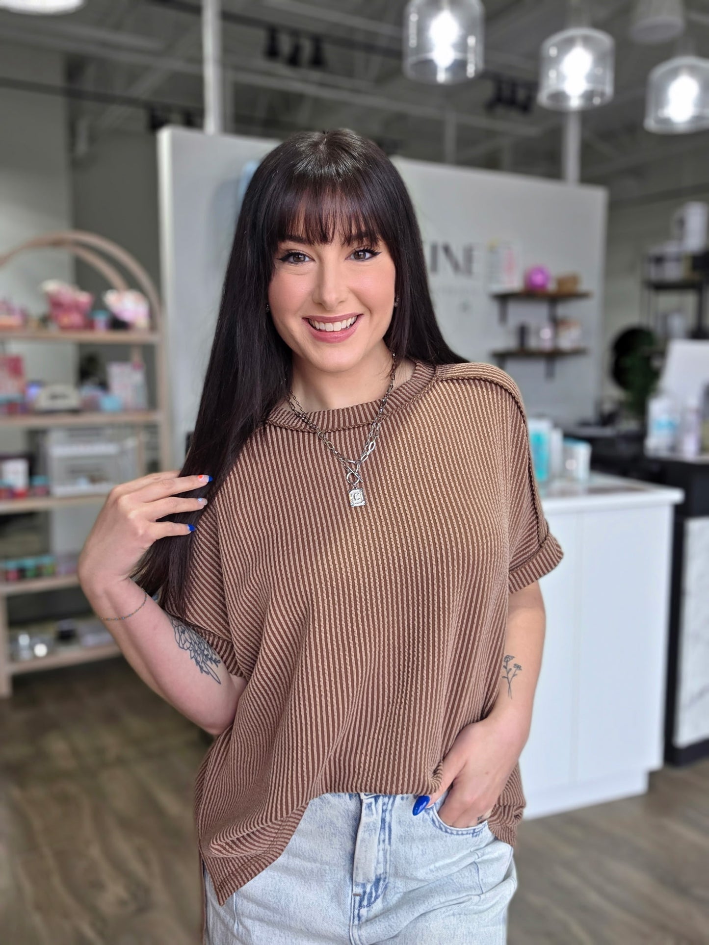 Short Sleeve Ribbed Top-Brown