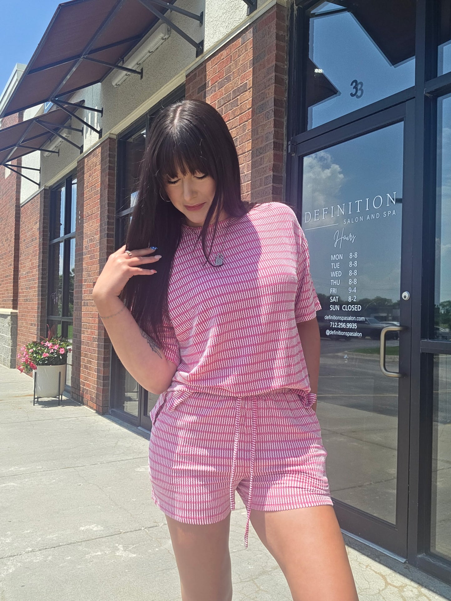 Stripe Rib Drawstring 2pcs Shorts Ser