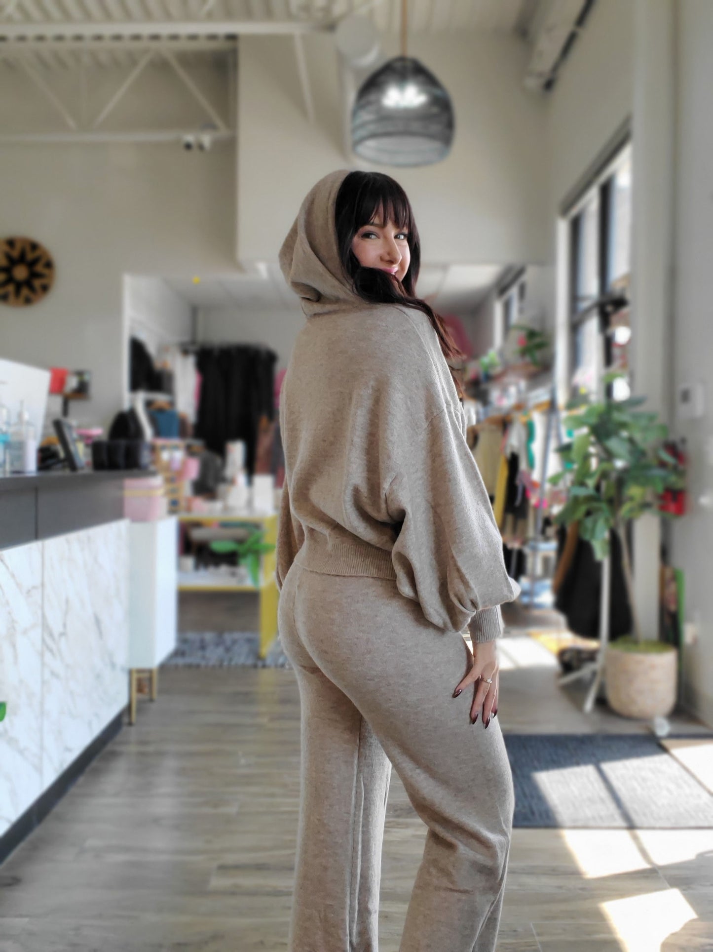 Two Tone Ribbed Waist Band Sweater Pants