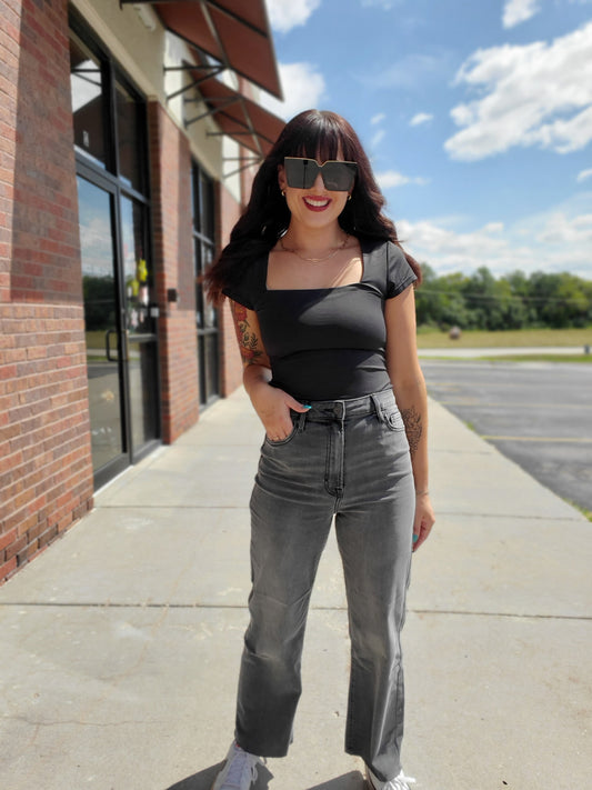 Grey Stretch Cropped Classic Straight