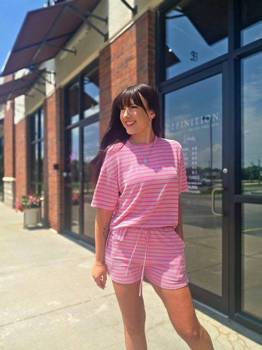 Stripe Rib Drawstring 2pcs Shorts Ser