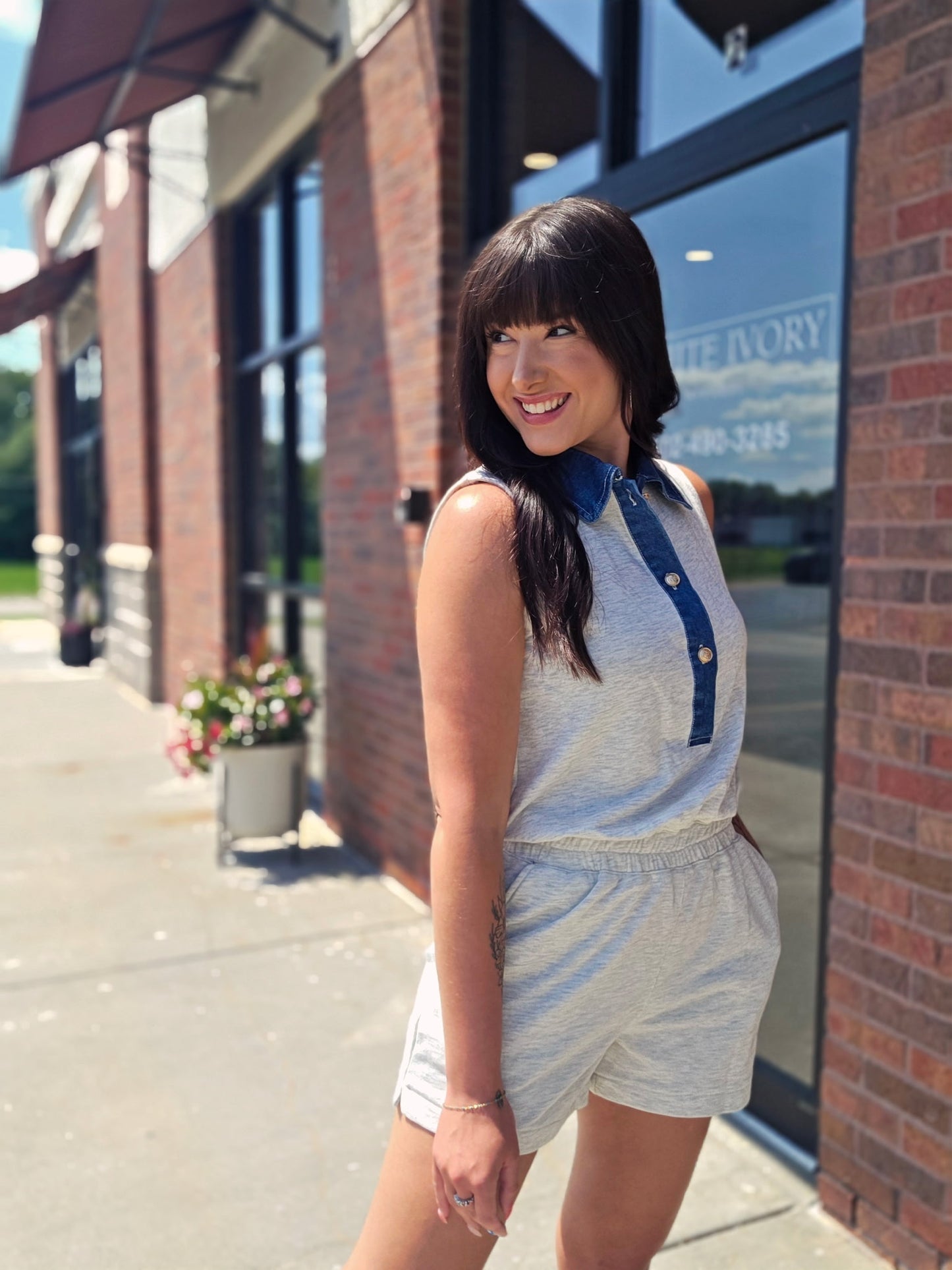 Denim Patchwork Collar Elastic Waist Romper
