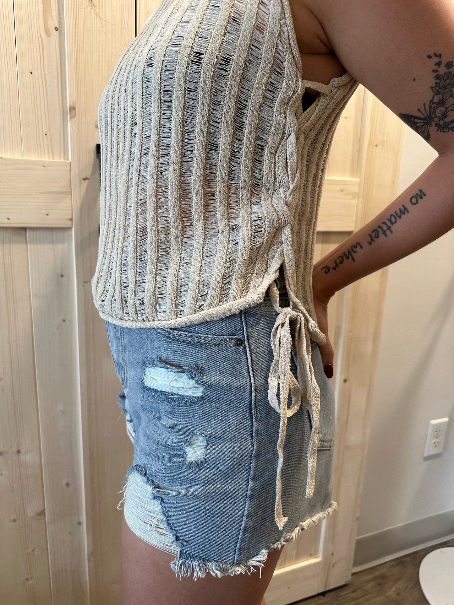 Open Stitch Side Lace Up Top