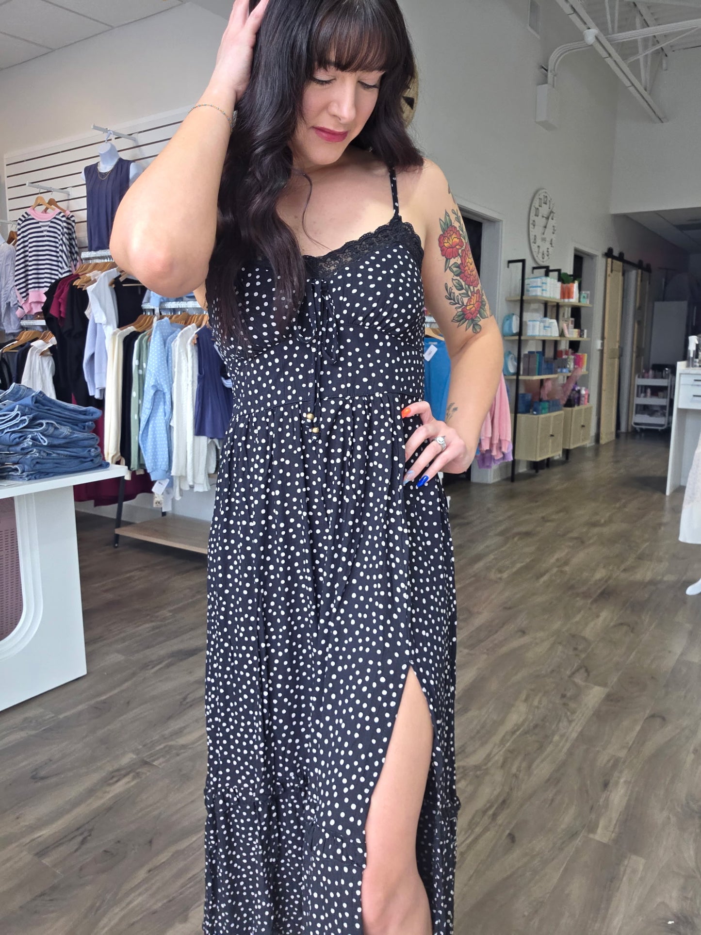 Polka Dot Lace Trim Sleeveless Maxi