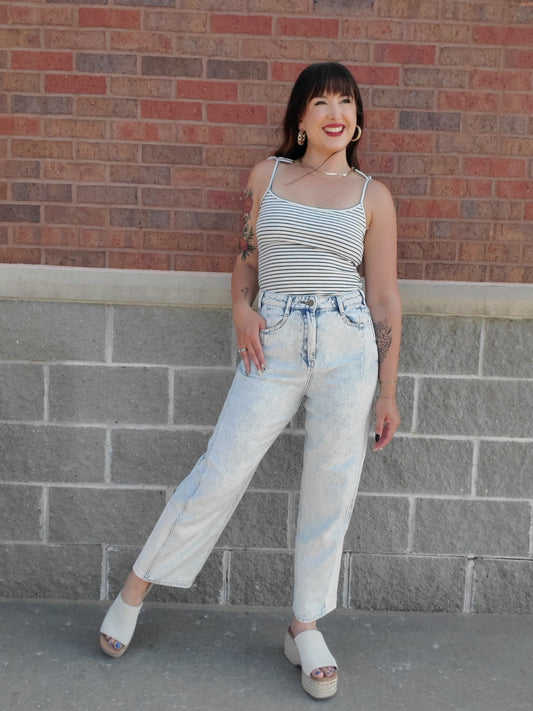 Combo Fabric Barrel Denim Pants