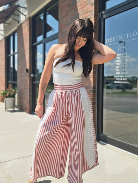 Wide Leg Striped Pants w/Side Floral Panel