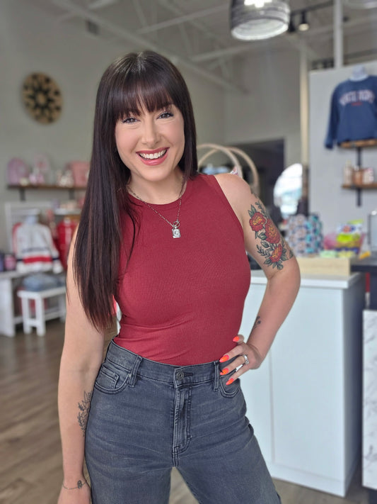 Round Neck Sleeveless Bodysuit-Burgendy