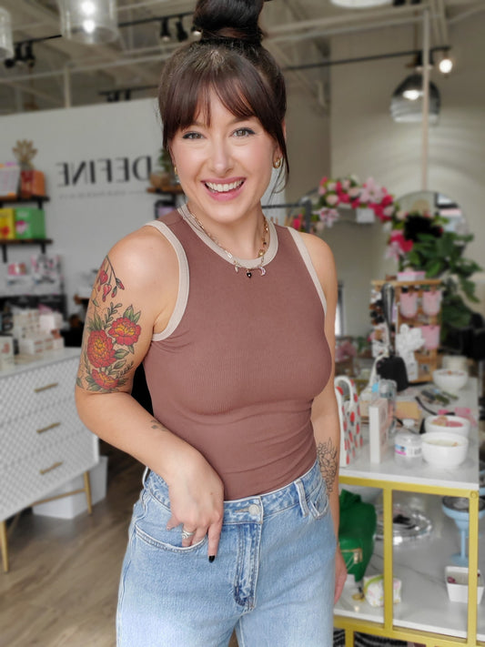 Brown Color Block Sleeveless Bodysuit