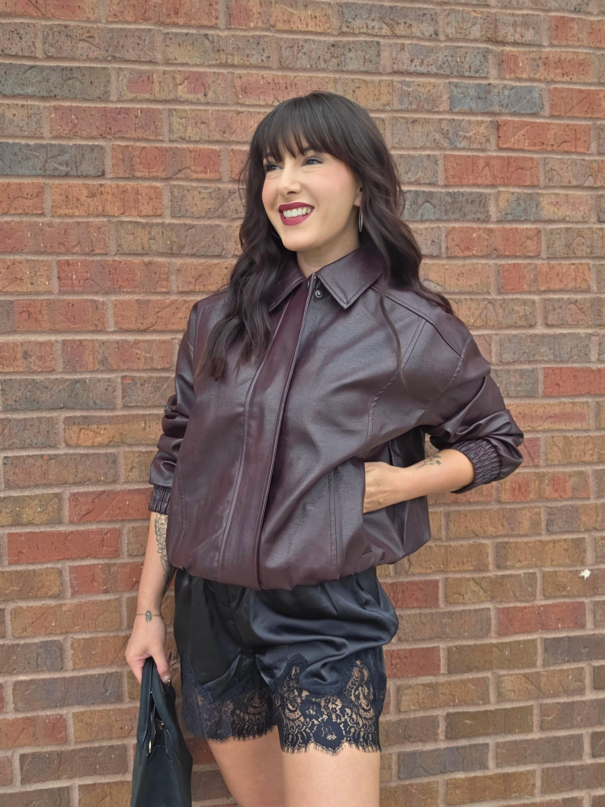 FAUX LEATHER COLLARED ZIP-UP BOMBER JACKET
