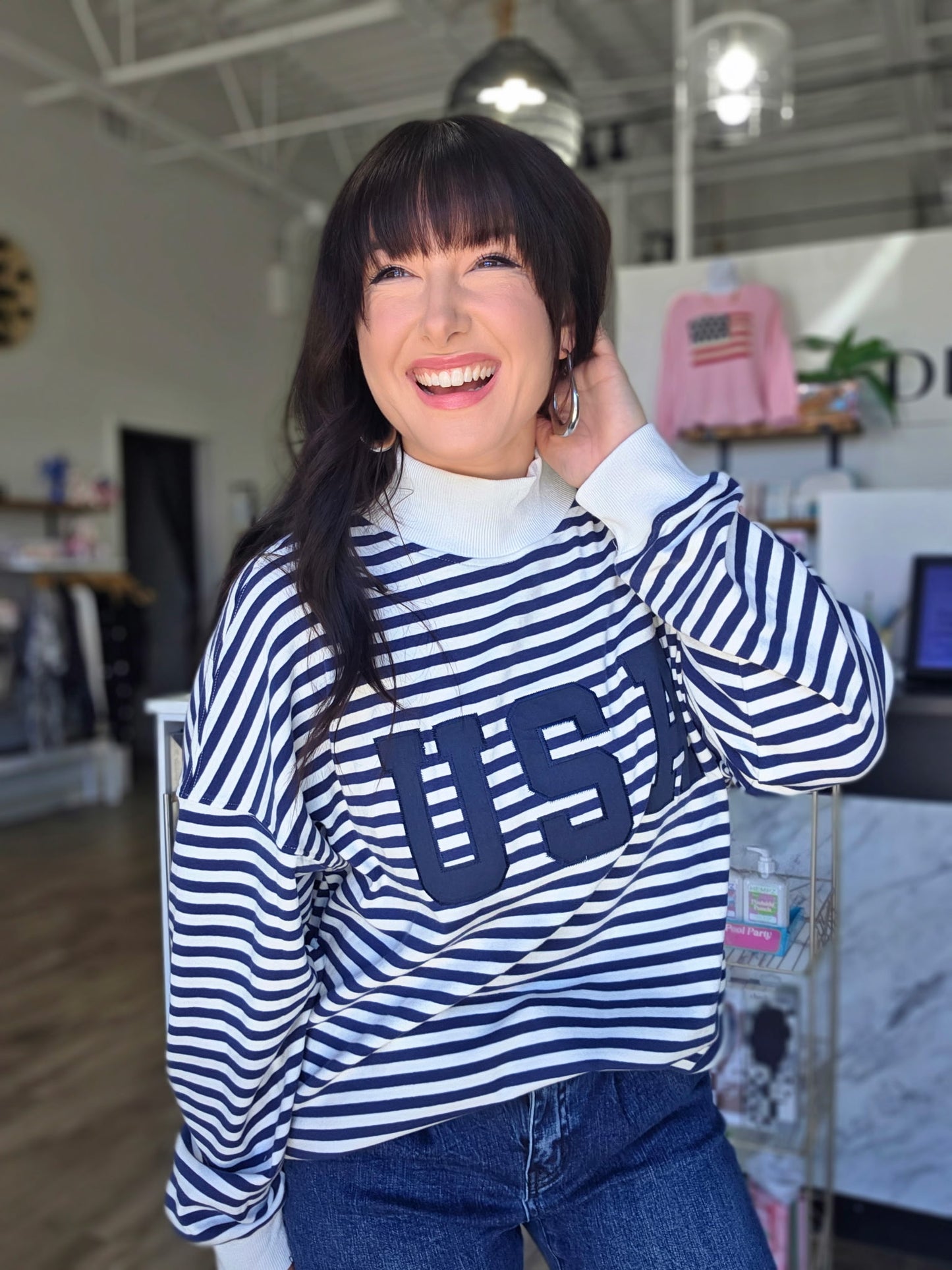 Stripe Mock Neck USA Sweatshirts