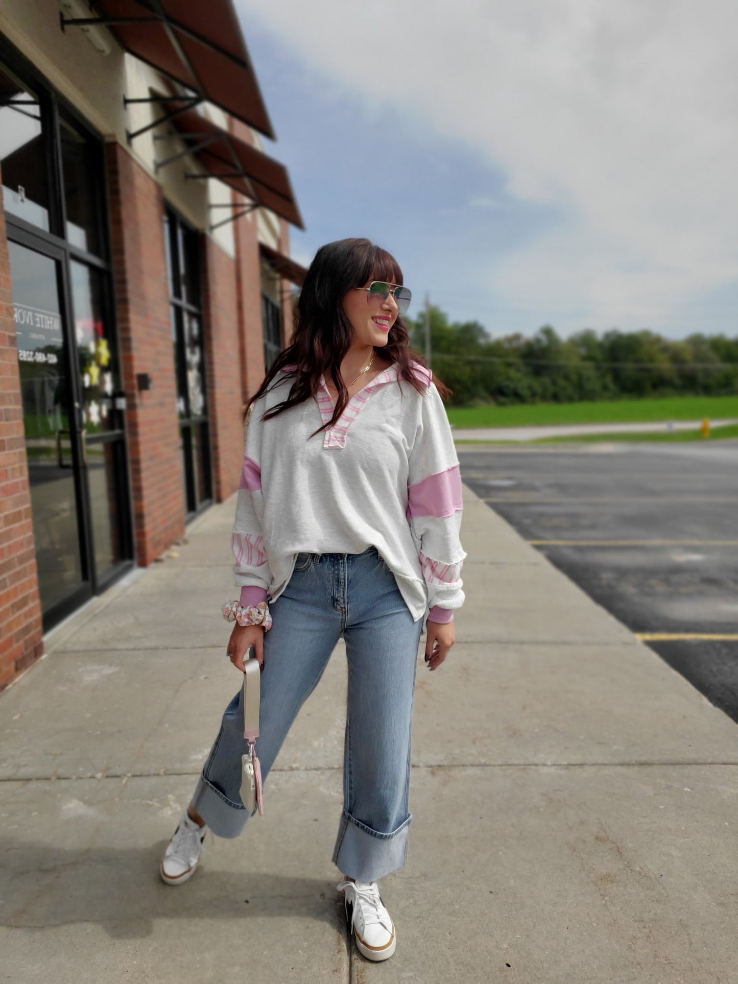 French Terry Knit Top Ash Grey/Pink