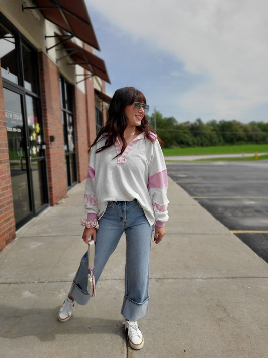 French Terry Knit Top Ash Grey/Pink