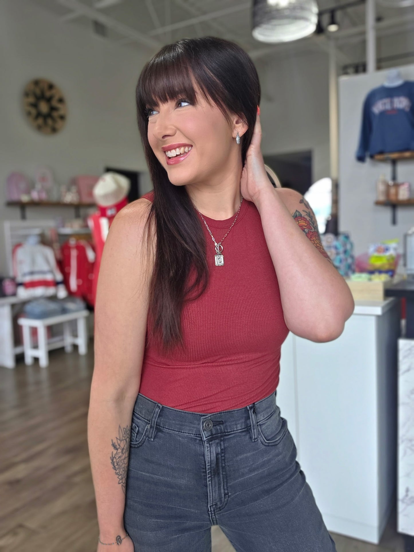 Round Neck Sleeveless Bodysuit-Burgendy