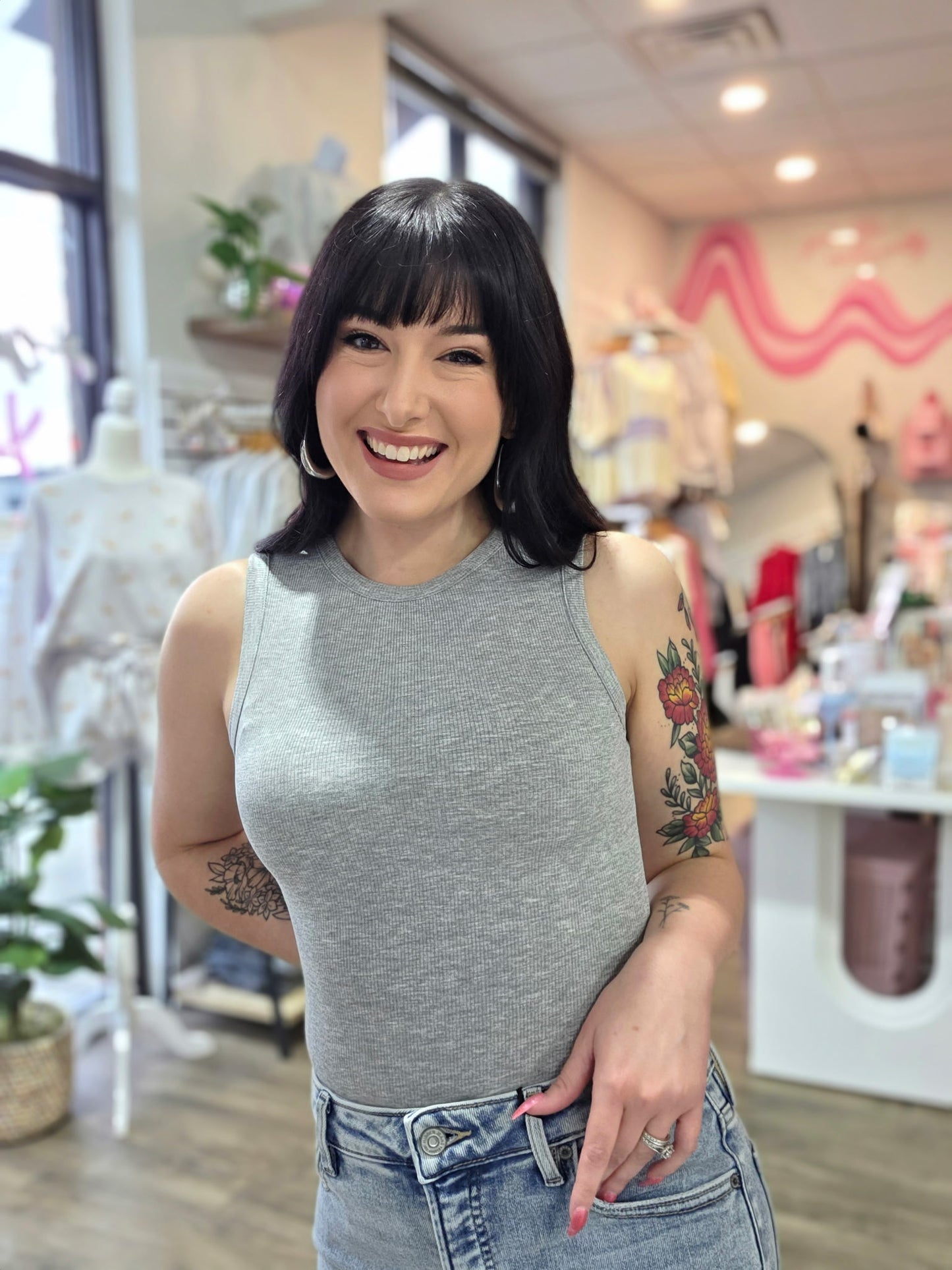 Round Neck Sleeveless Bodysuit Light Grey