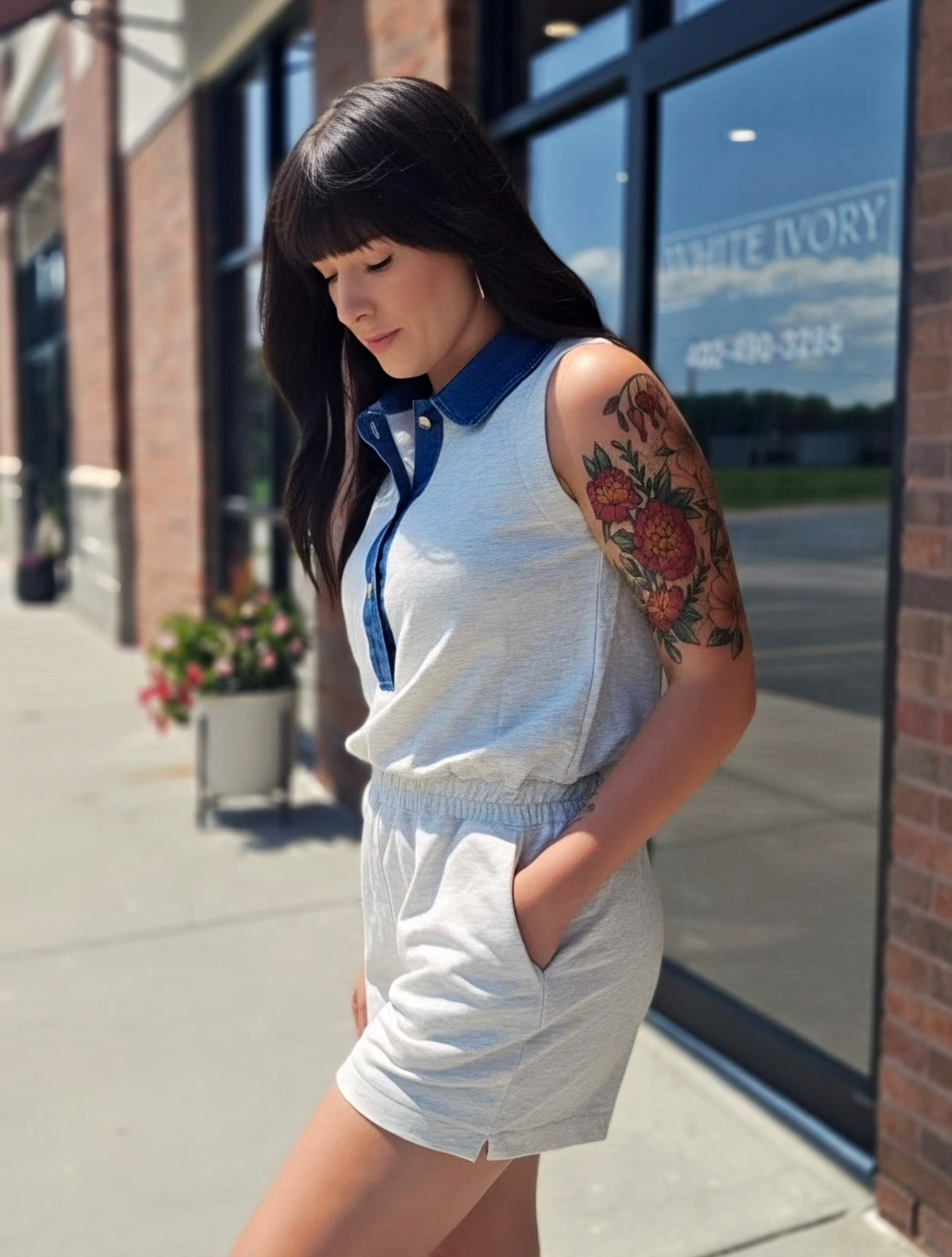 Denim Patchwork Collar Elastic Waist Romper