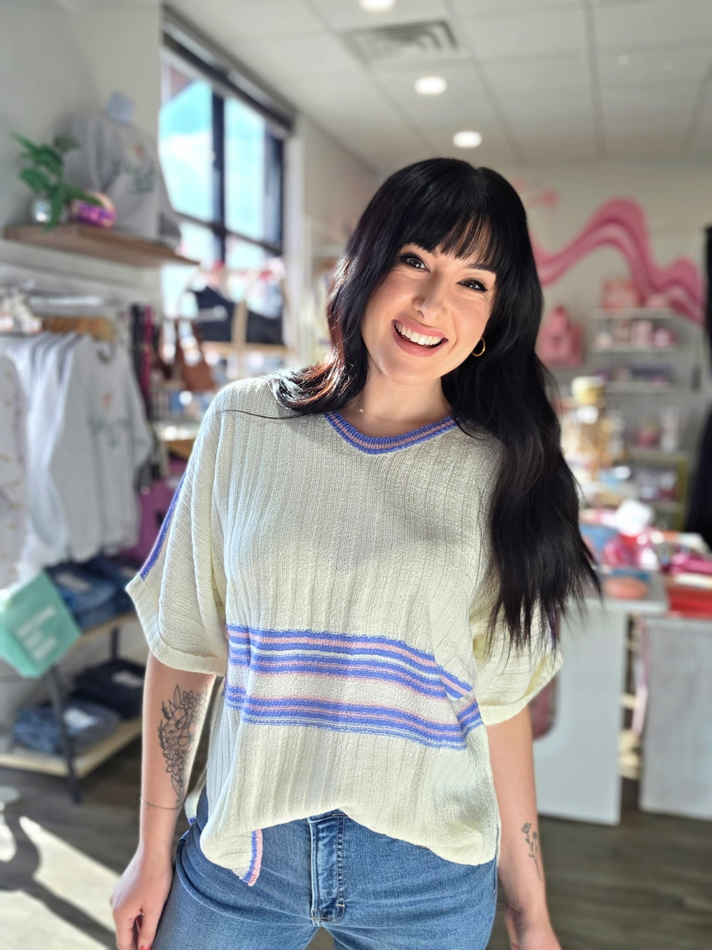 Striped Ribbed V-Neck Sweater