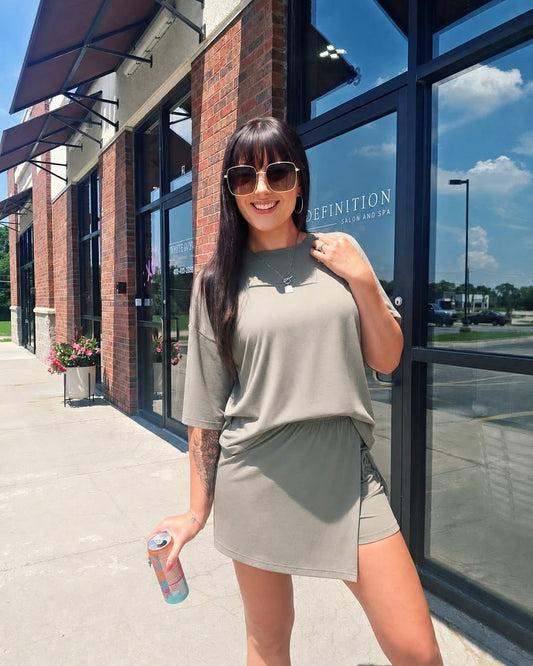 Solid Oversize Tee Tie Wrap 2pcs Mini Skort Set