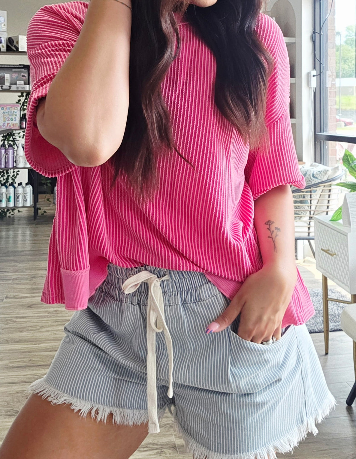 Texture Ribbed Bow Knot Back Oversize T Shirt