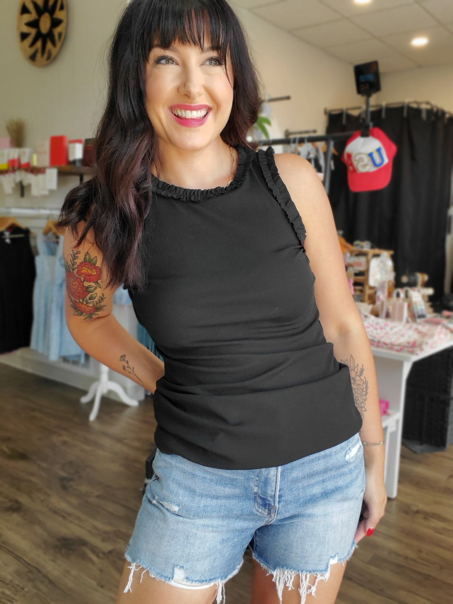 Solid Knit Tank W/Ruffle Trim