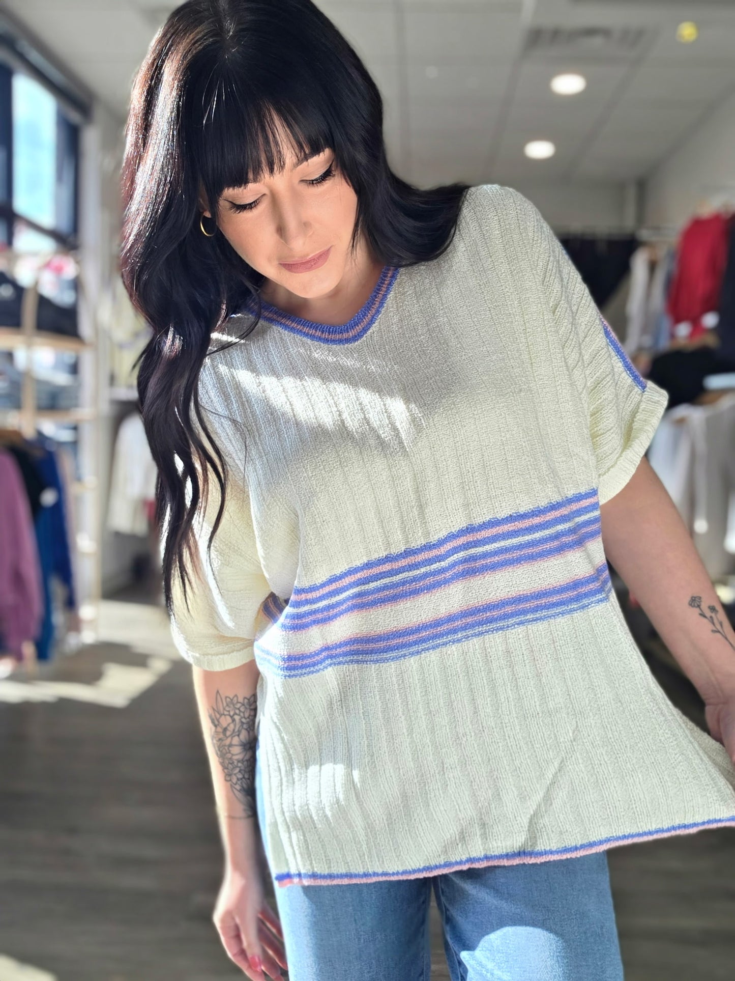 Striped Ribbed V-Neck Sweater