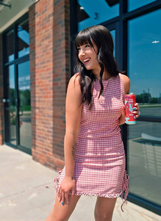 Lattice Drawstring Check Mini Dress