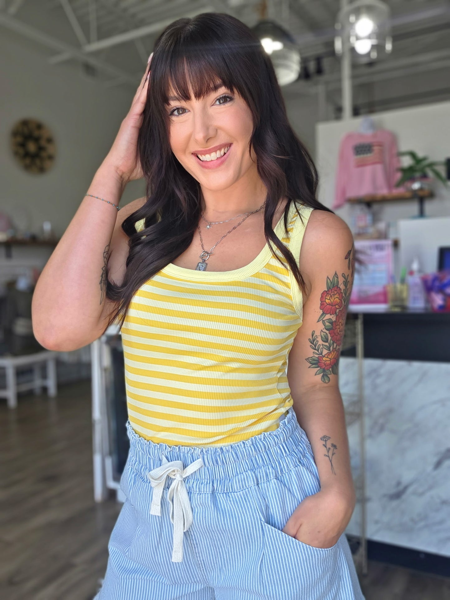 Stripe Print Ribbed Knit Tank Top