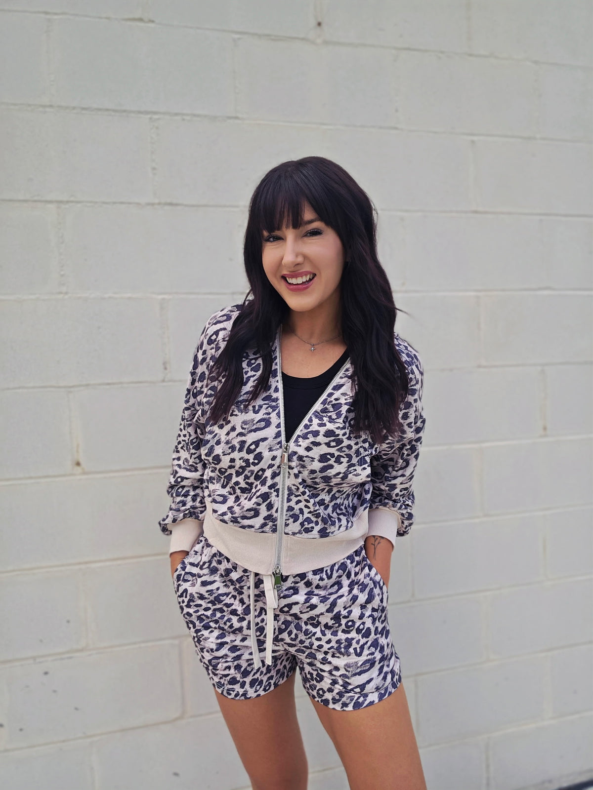 Leopard Zip-Up Hooded Shorts Set