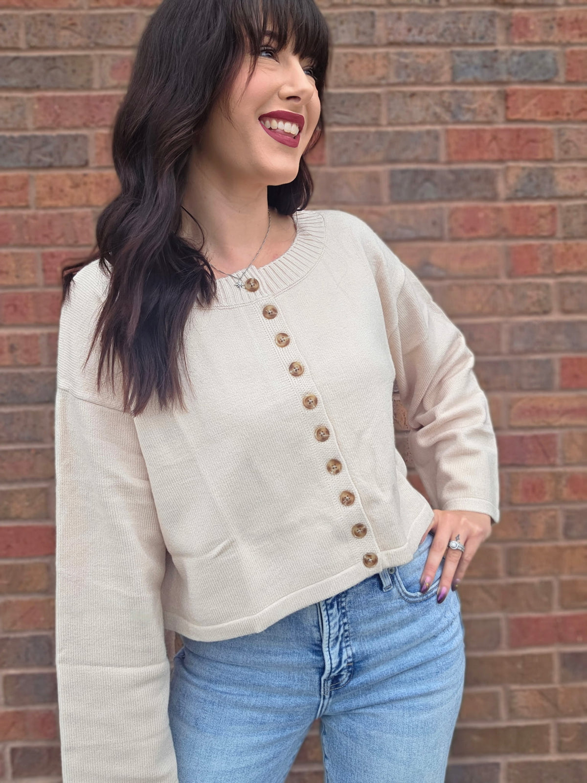 RIB CREW BOXY CROPPED BUTTON DOWN CARDIGAN