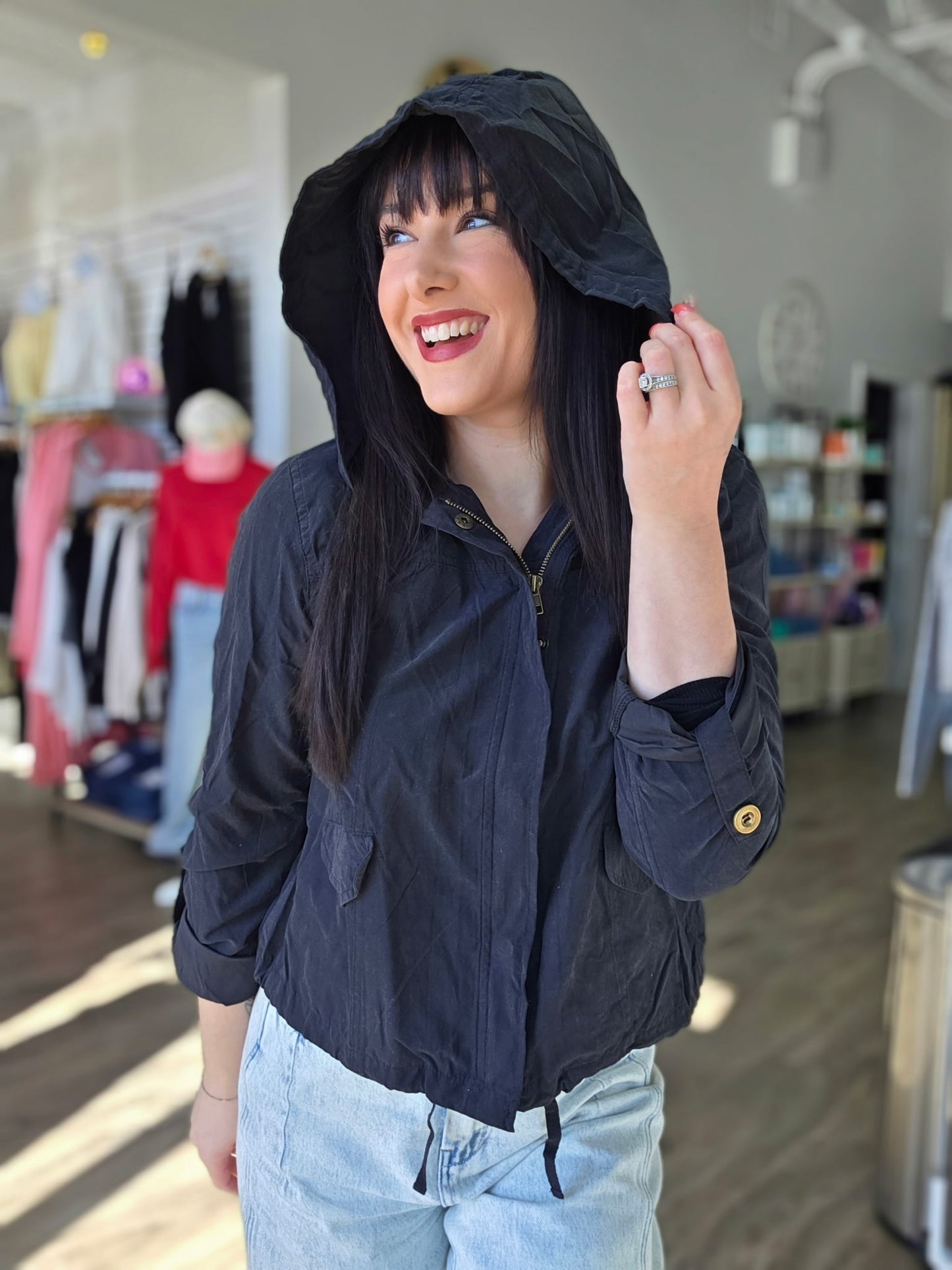 Snap Button Zip Up Hooded Jacket