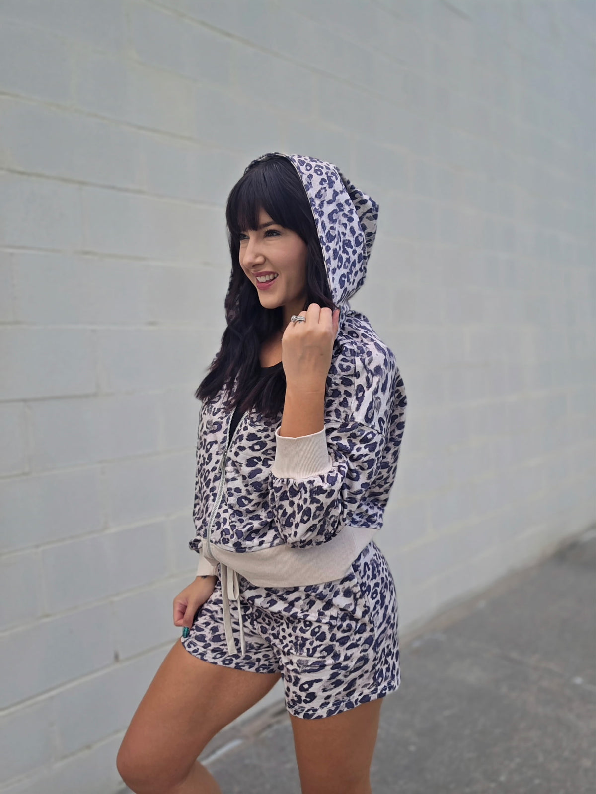Leopard Zip-Up Hooded Shorts Set