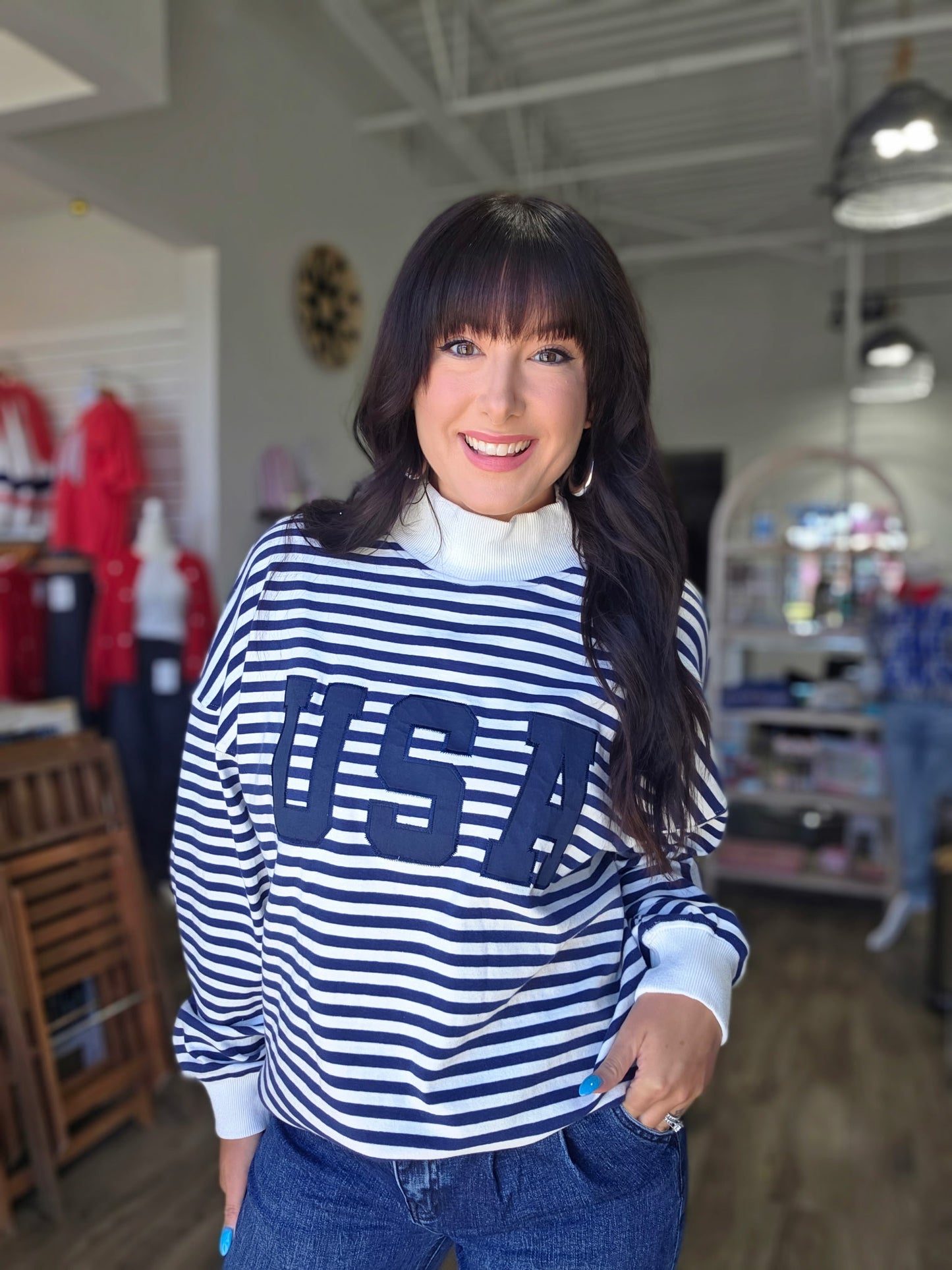 Stripe Mock Neck USA Sweatshirts