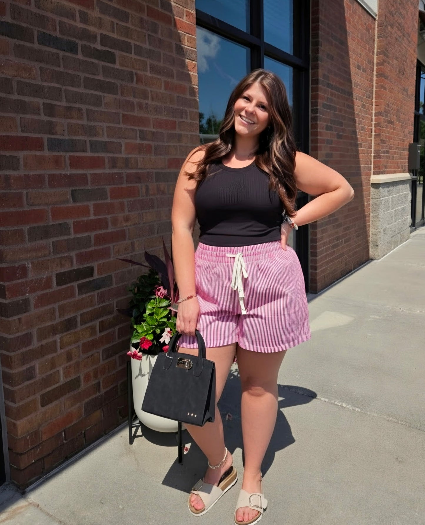 Pink Stripe Drawstring Waist Denim Shorts