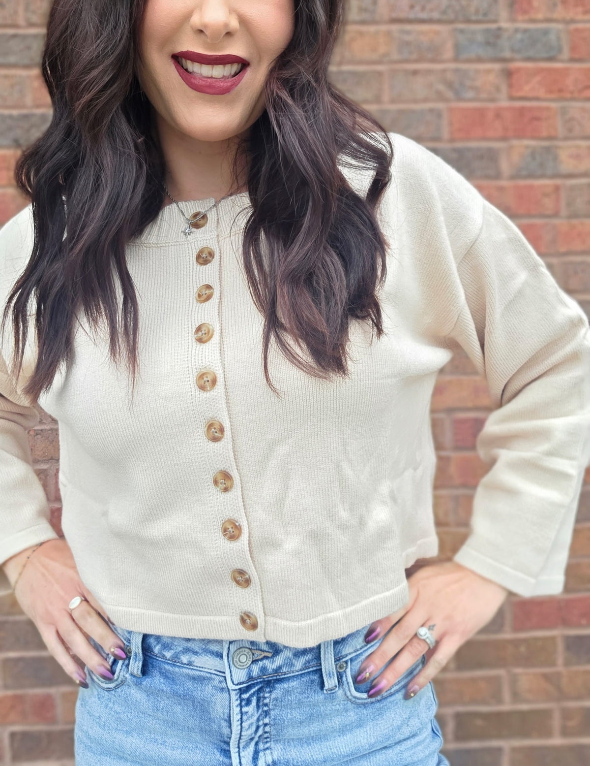 RIB CREW BOXY CROPPED BUTTON DOWN CARDIGAN
