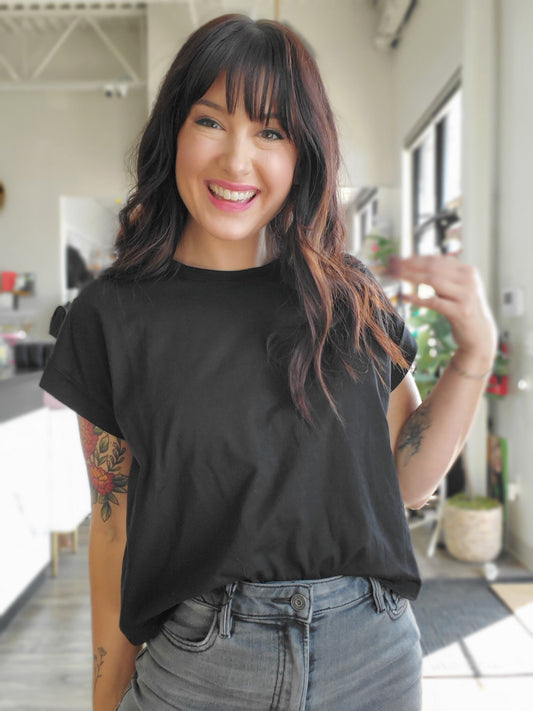 Round Neck Cuffed Sleeve Top