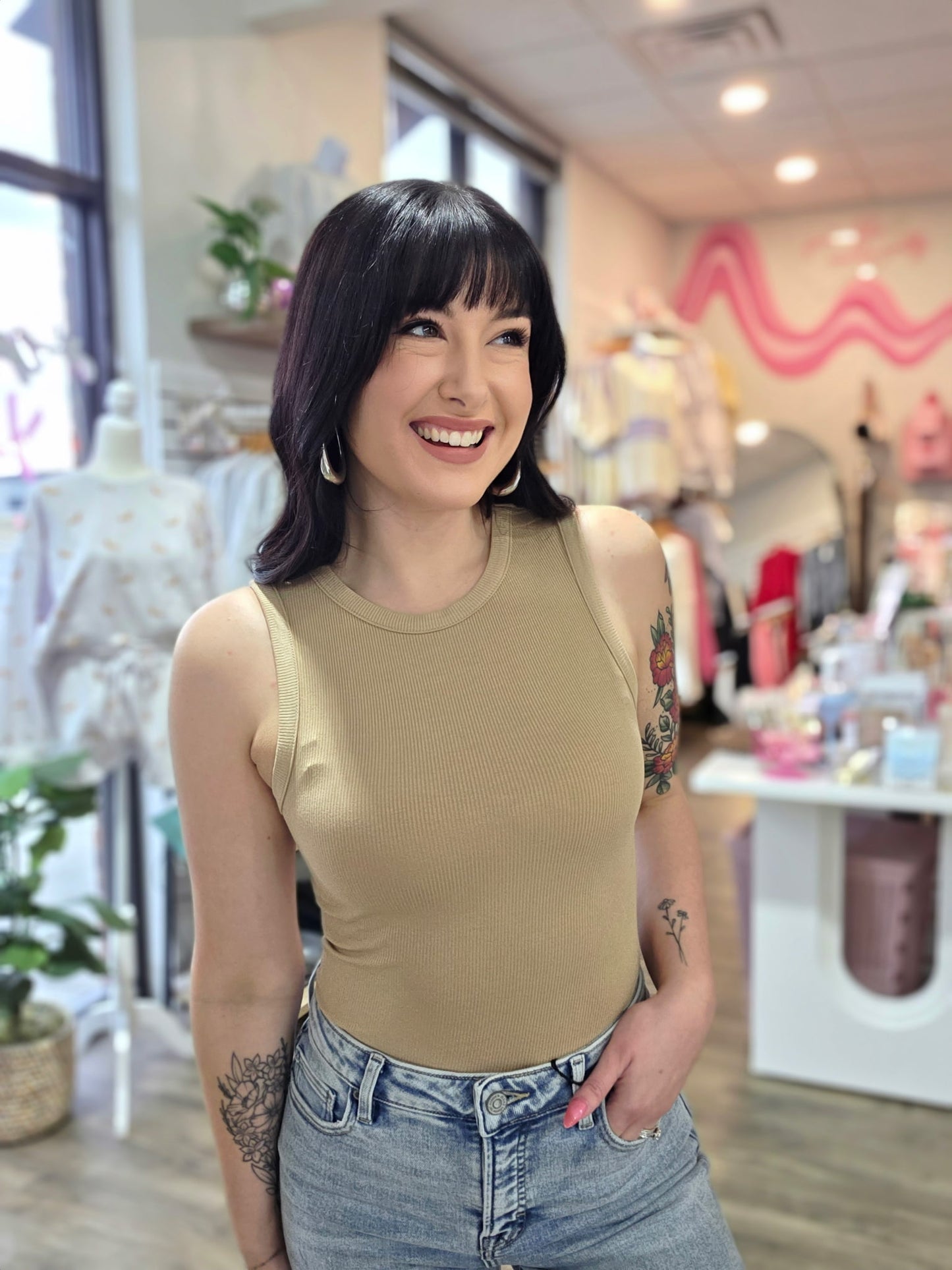 Round Neck Sleeveless Bodysuit Taupe